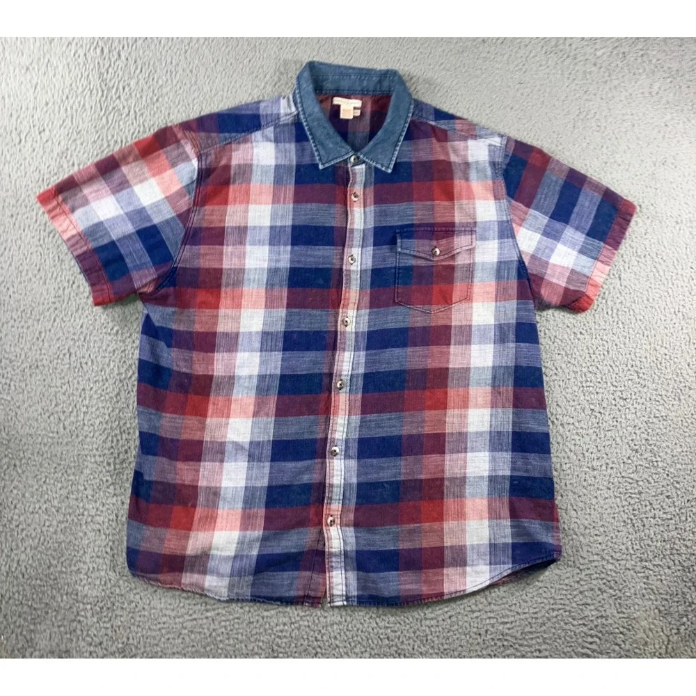 Carbon 2 Cobalt‎ Shirt Men XXL Red Blue Plaid S/S Denim Collar Classic Outdoor